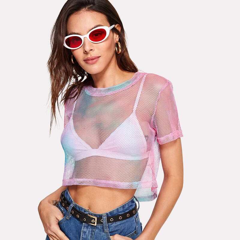 

Tie-Dye Eyelet Mesh Crop Top without Bra, Multicolor