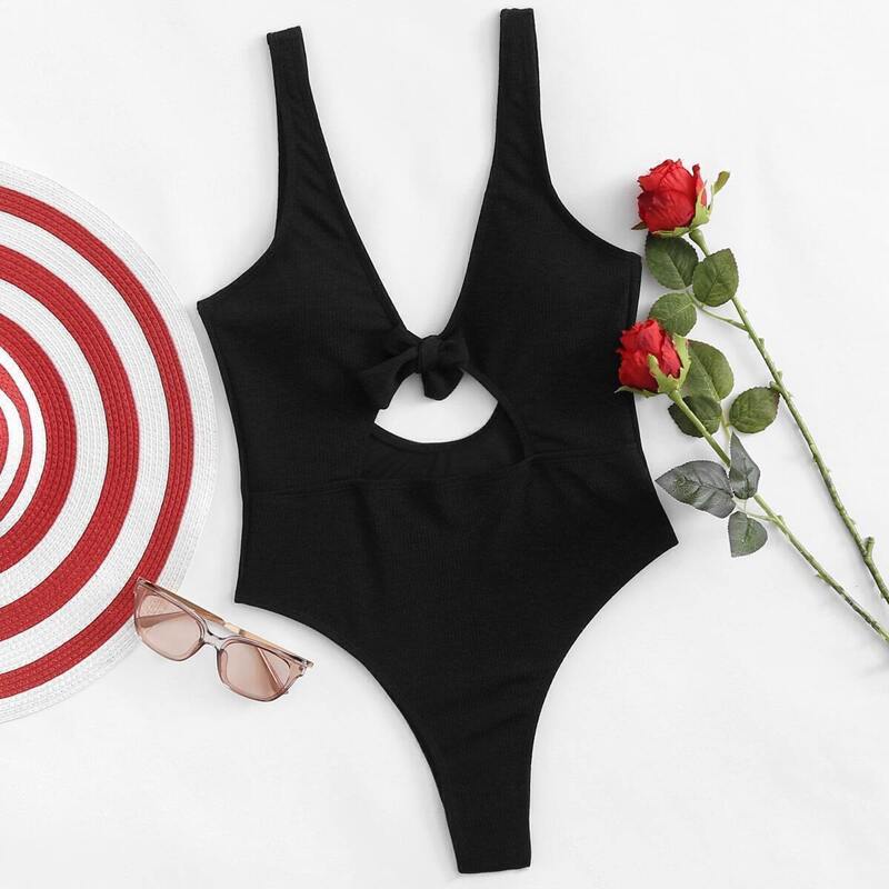 

Knot Front Low Back Swimsuit, Black