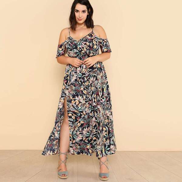 

Plus Open Shoulder Tropical Wrap Dress, Multicolor