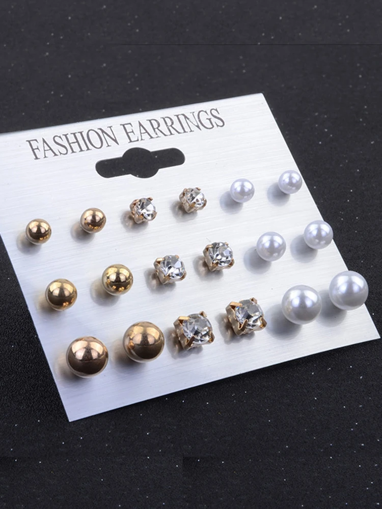 Faux Pearl & Rhinestone Design Stud Earring Set 9pairs