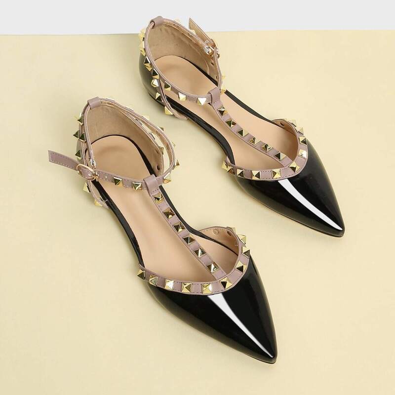 

T-strap Studded Ballet Flats, Black