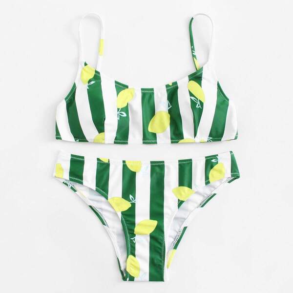 

Fruit & Block Striped Print Bikini Set, Multicolor