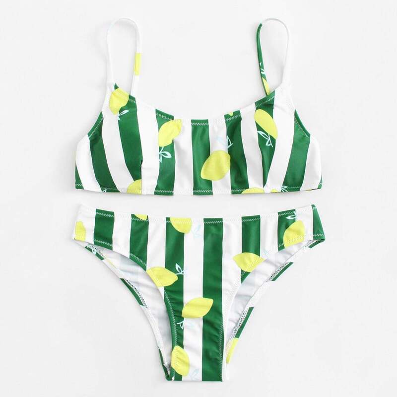 

Fruit & Block Striped Print Bikini Set, Multicolor