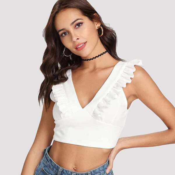 

Double V Neck Ruffle Trim Crop Top, White