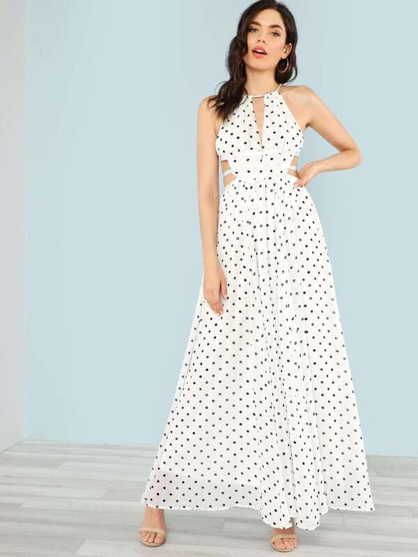 tan and white polka dot halter neck dress