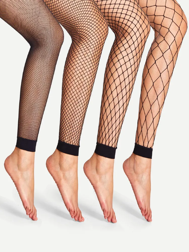 4pairs High-Rise Fishnet Design Stockings, Black Tights