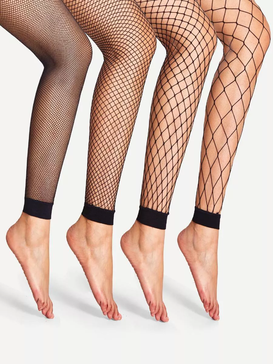 4pairs High-Rise Fishnet Design Stockings, Black Tights - Clear - View 1
