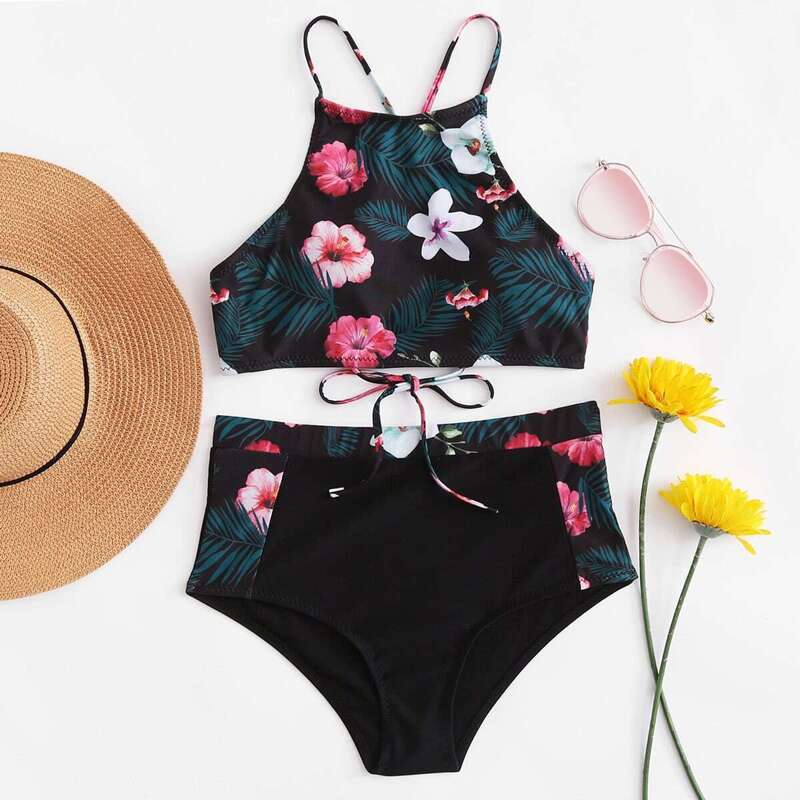 

Flower Print Self Tie Top With High Waist Bikini, Multicolor