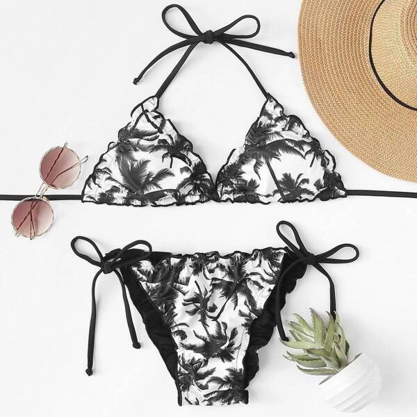 

Palm Tree Frilled Top With Tie Side Bikini