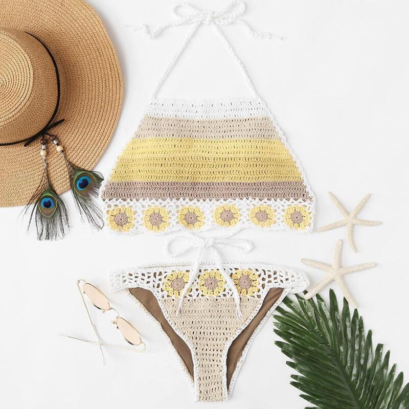 

Crochet Halter Top With High Leg Bikini Set, Multicolor