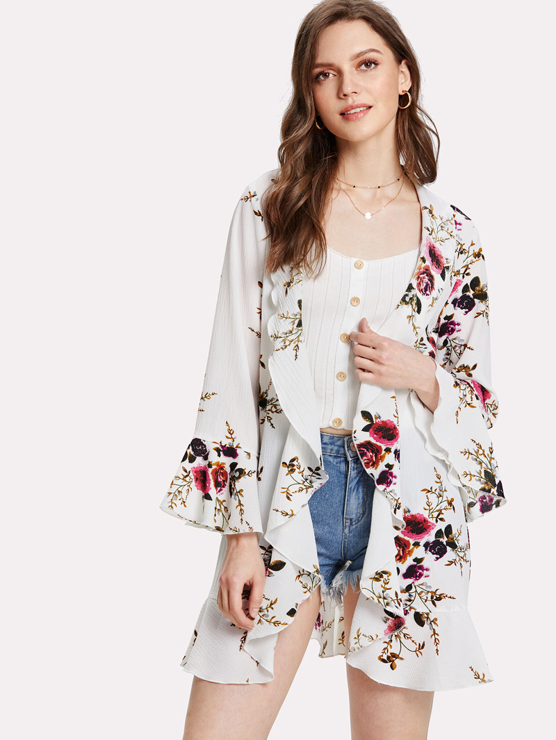 

Flower Print Ruffle Trim Textured Kimono, Multicolor, Muffy