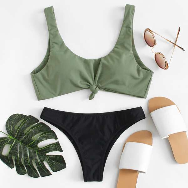 

Knot Top With High Leg Bikini Set