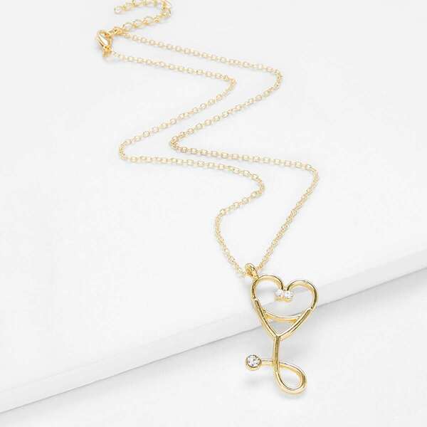 

Heart Pendant Chain Necklace With Rhinestone, Gold