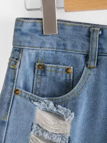 Frayed Distressed Denim Shorts - Light Wash - View 4