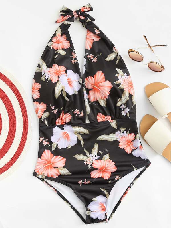 

Flower Print Open Back Plunge One Piece Swimsuit, Multicolor