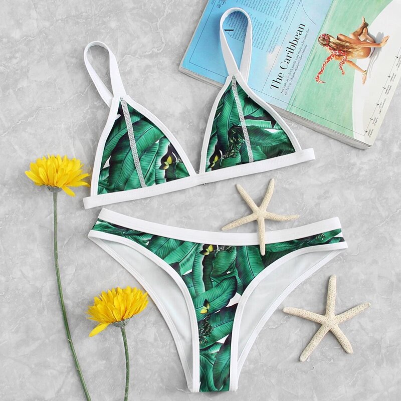 

Tropical Print Bikini Set, Green