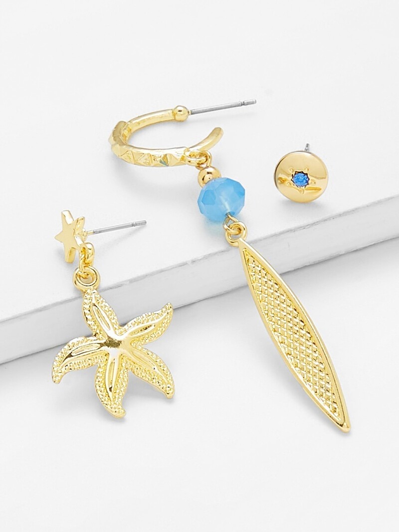 

Round & Flower Design Earring Set, Blue