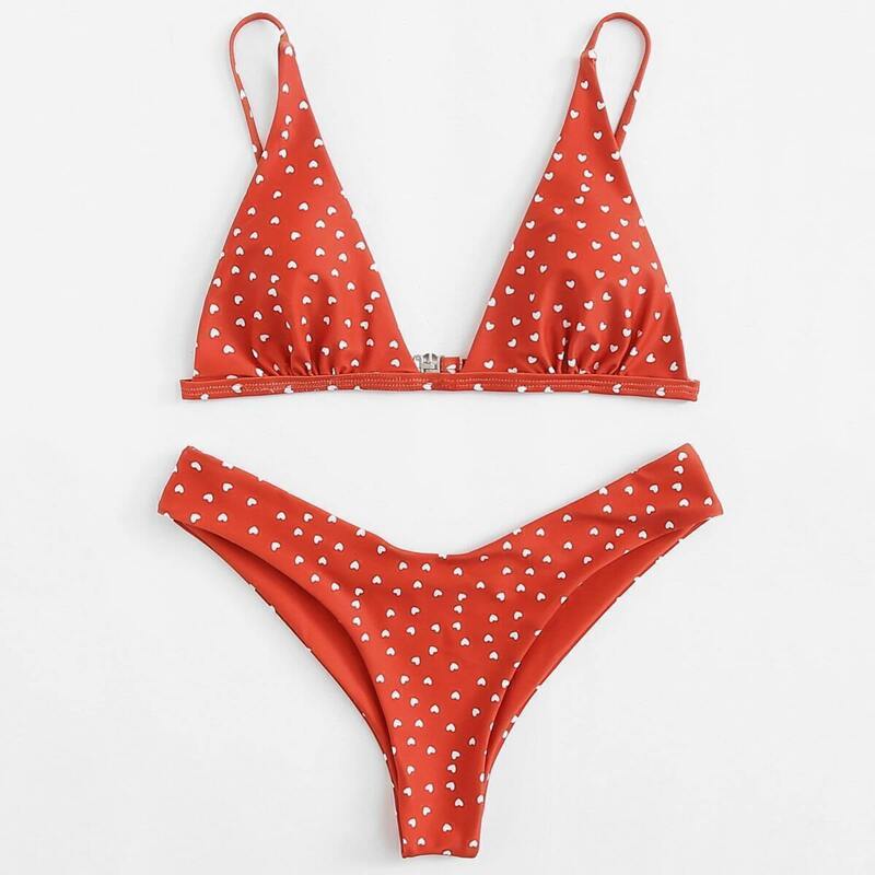

Heart Print Top With High Leg Bikini Set, Orange