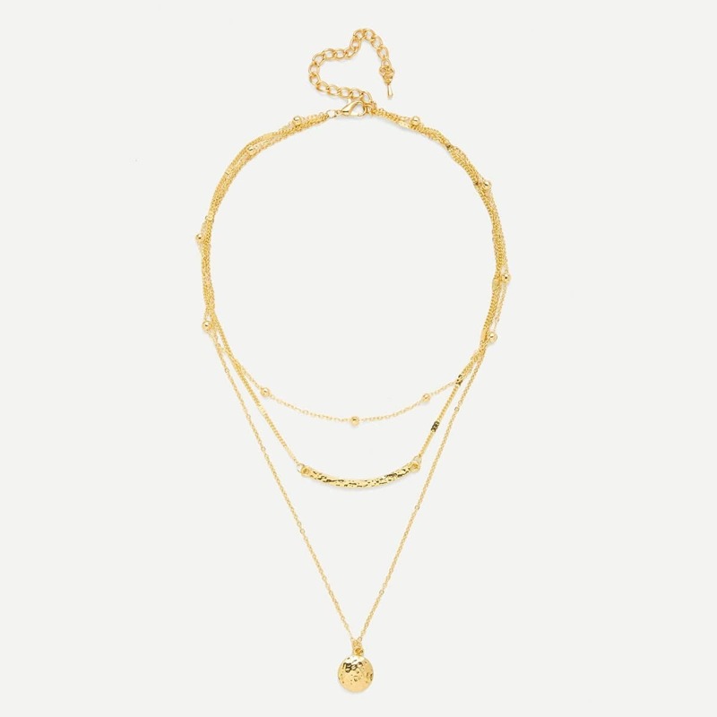 

Bar & Round Pendant Three Layered Necklace, Gold