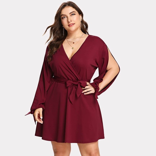 

Plus Split Tied Sleeve Surplice Wrap Dress