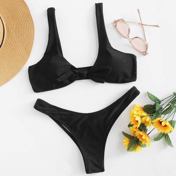 

Knot Top With High Leg Bikini Set