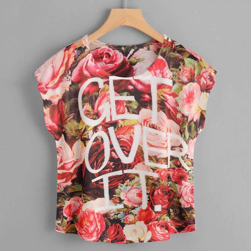 

Letter Print Floral Tee, Multicolor