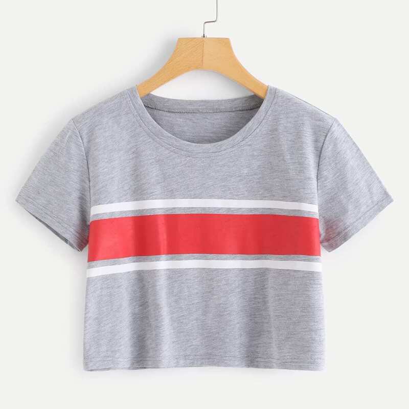 

Contrast Striped Crop Tee, Grey