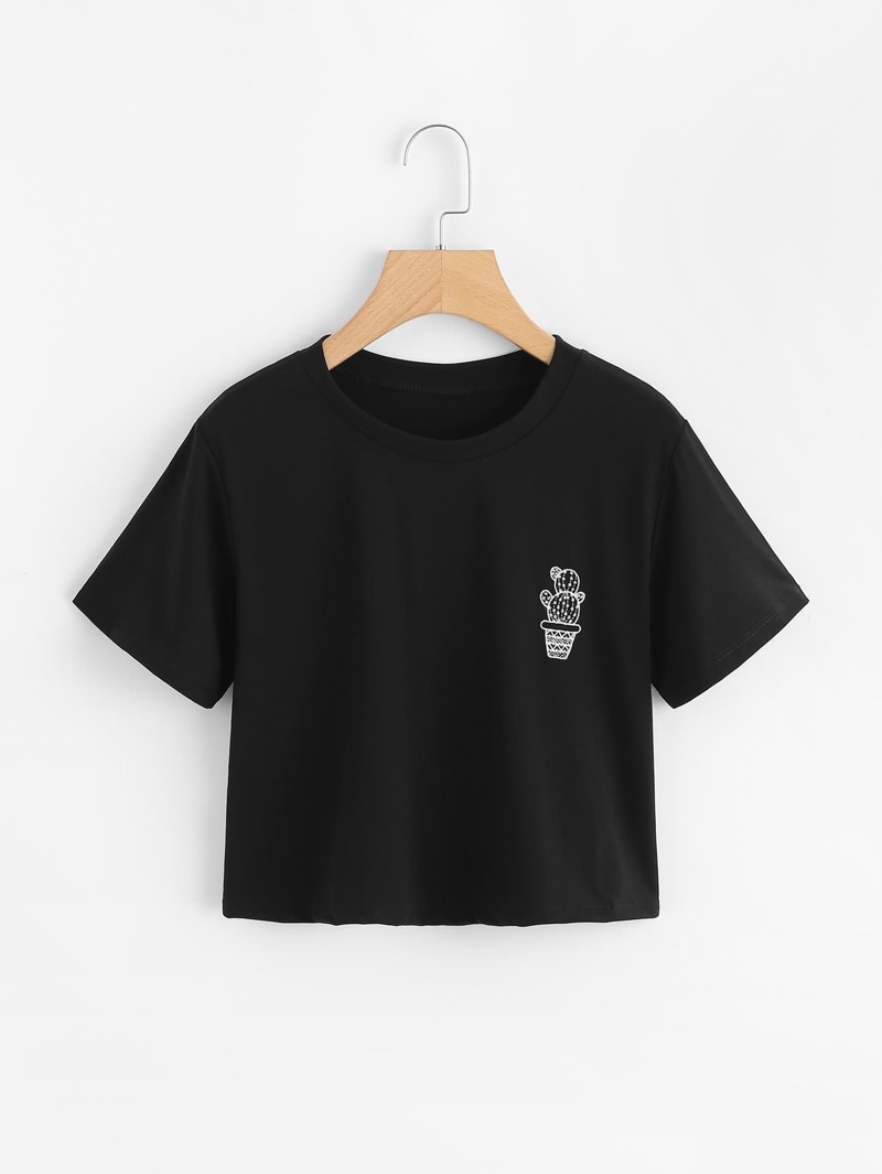 

Cactus Embroidered Crop Tee, Black