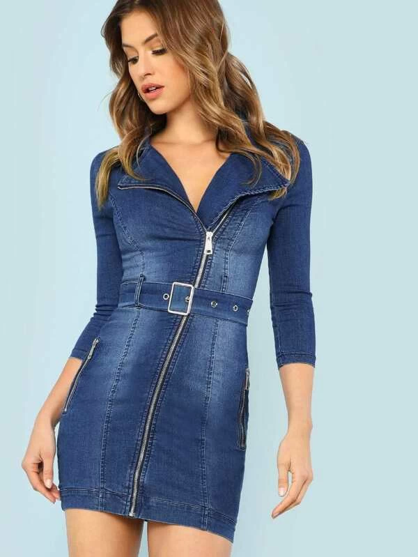 long sleeve belted denim dress