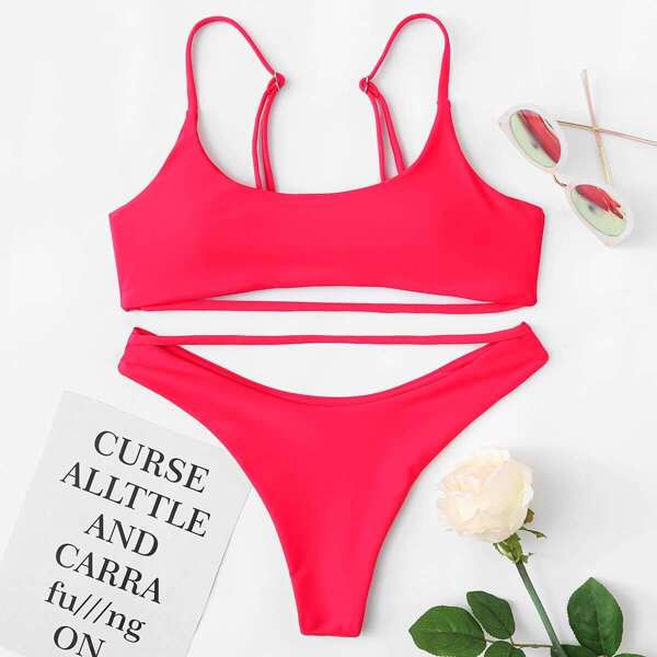 

Scoop Neck Top With High Leg Bikini Set, Pink