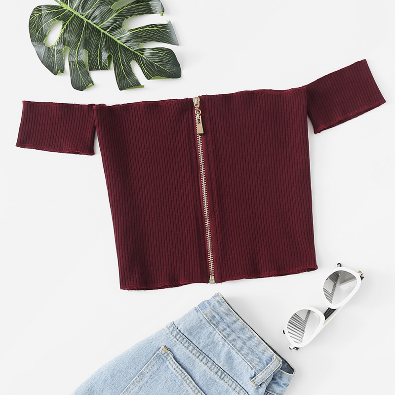 

Off Shoulder Zip Up Ribbed Crop Tee, Burgundy