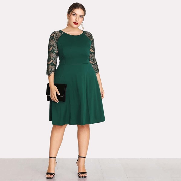 

Plus Contrast Lace Sleeve Dress, Green
