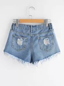 Frayed Distressed Denim Shorts - Light Wash - View 2