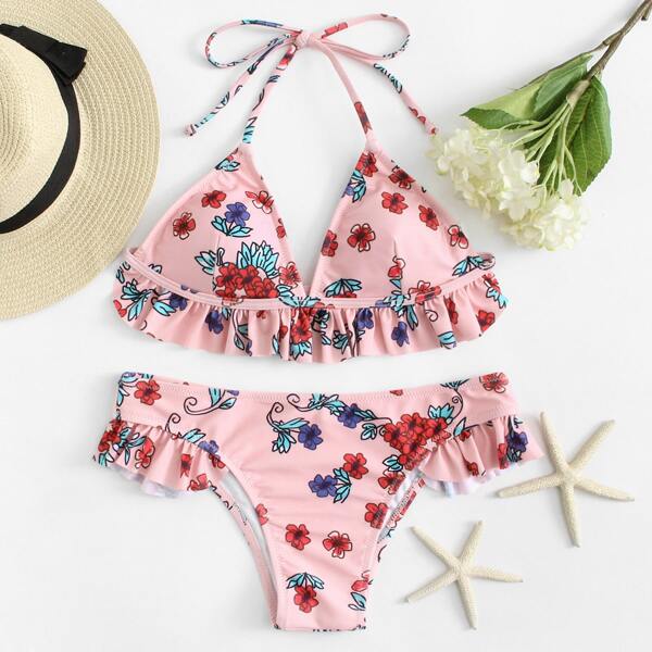 

Flower Print Ruffle Hem Bikini Set