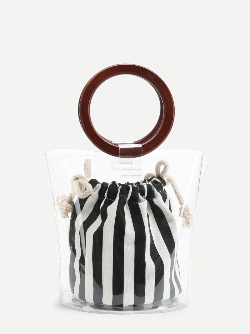 

Striped Clear Wooden Handle Bag, Black and white