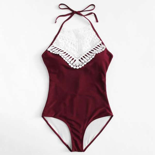 

Crochet Lace Panel Halter One Piece Swimsuit, Burgundy