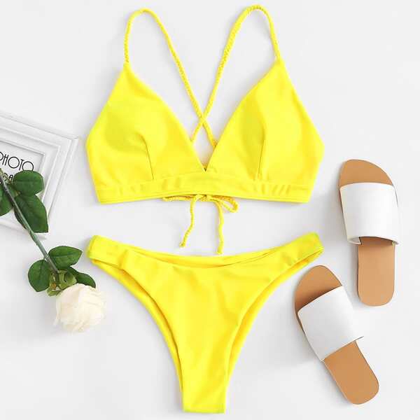 

Lace Up Top With High Leg Bikini Set, Yellow