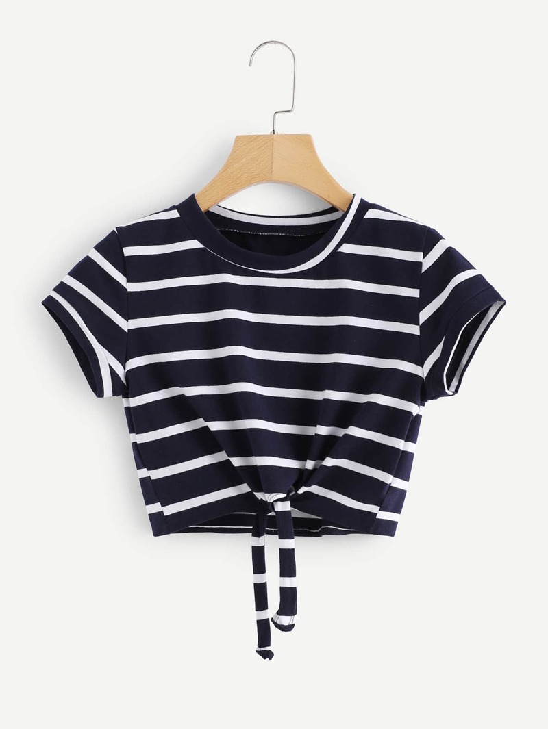 

Knot Front Striped Crop Tee, Black