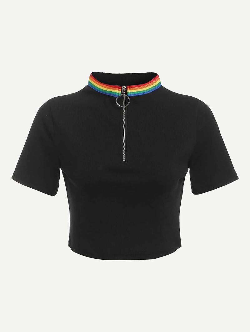 

Striped Neck Zip Up Front Tee, Black