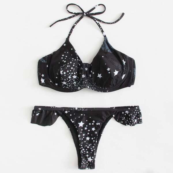 

Star Print Ruffle Bikini Set