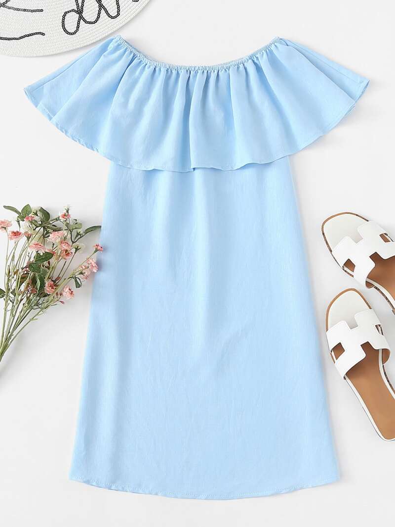 

Off Shoulder Ruffle Trim Dress, Blue