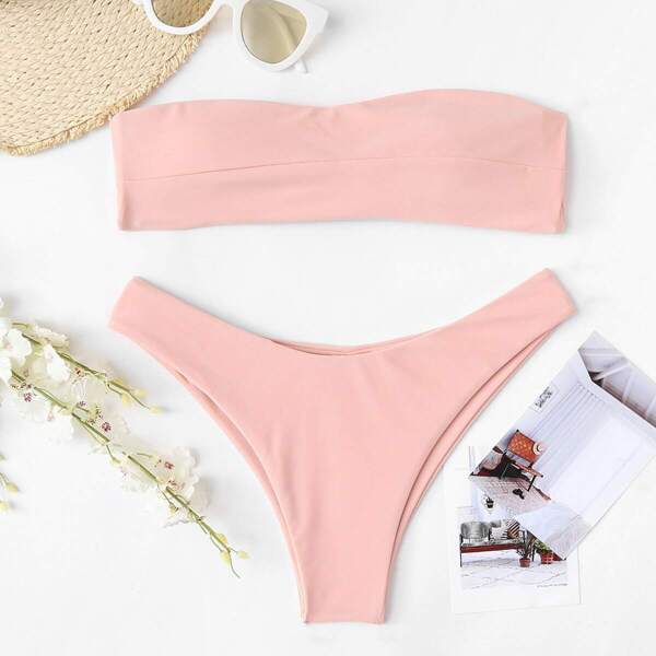 

Knot Back Bandeau Top With High Leg Bikini Set, Pink