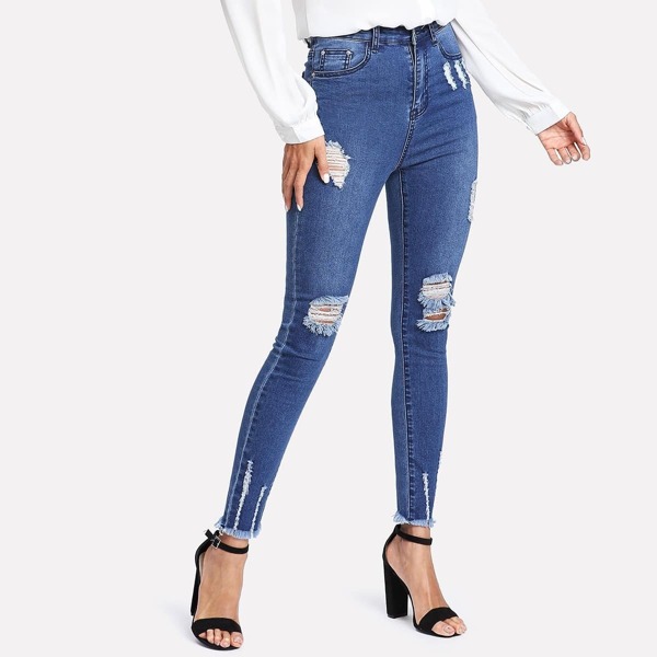 

Raw Hem Ripped Denim Jeans