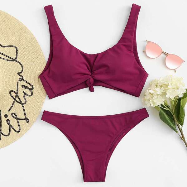 

Knot Scoop Neck Top With High Leg Bikini Set