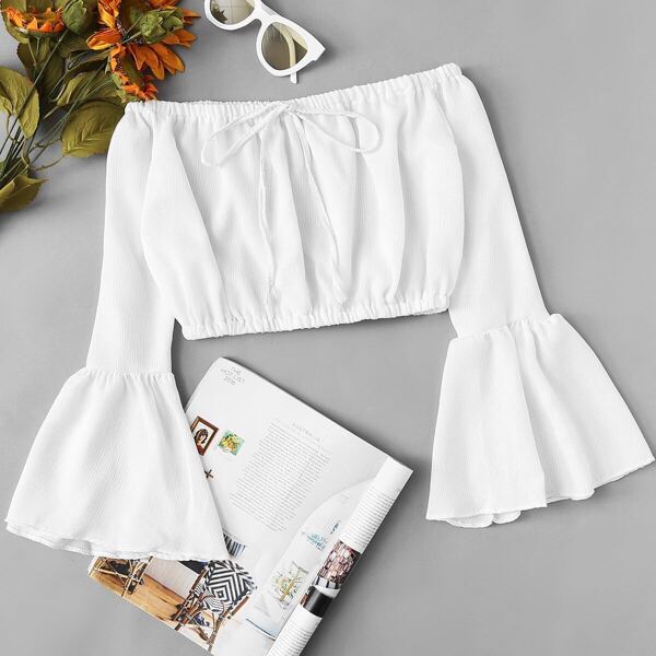 

Tied Bardot Flounce Sleeve Crop Top