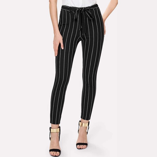 

Vertical Striped Skinny Pants, Black