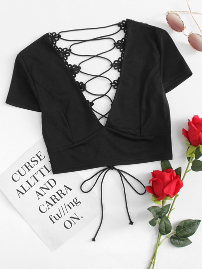 Lace Panel Lace Up Crop Top