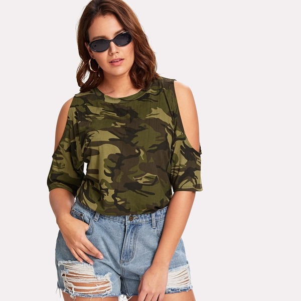 

Plus Open Shoulder Camouflage Top