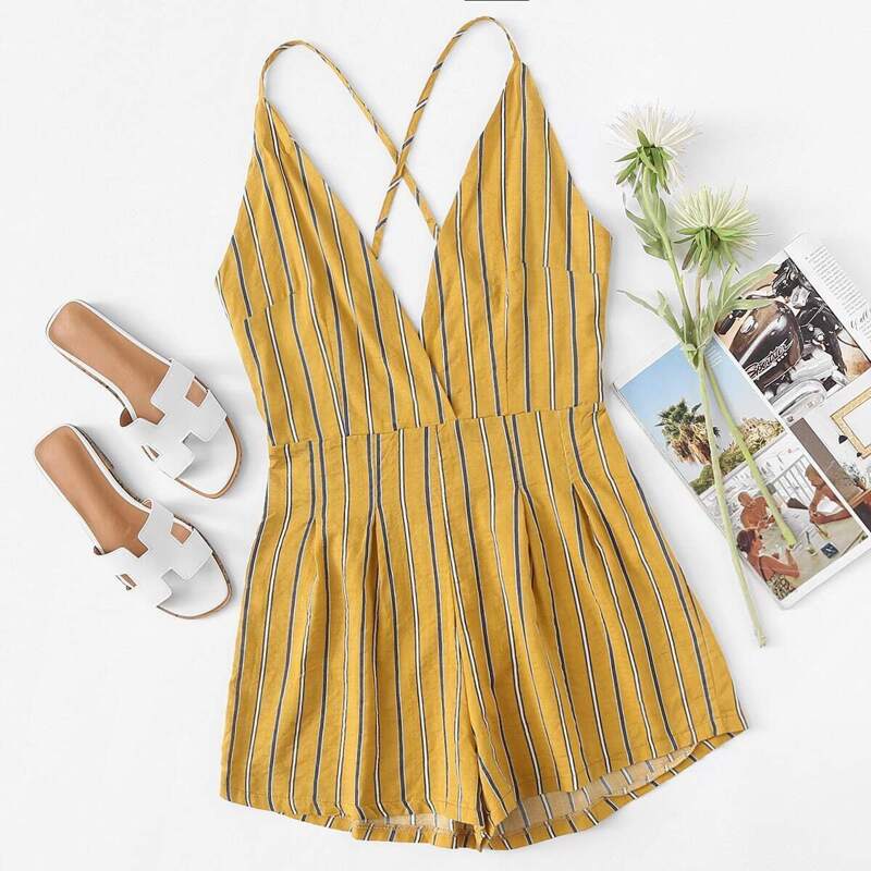 

Criss Cross Back Striped Romper, Yellow