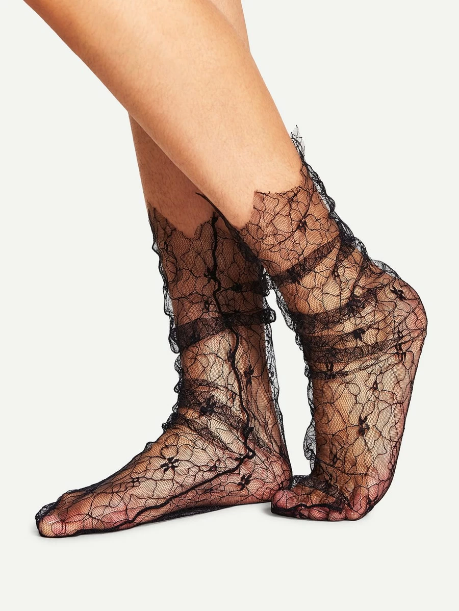 1 par de calcetines de encaje con estampado floral para mujer - Negro - Ver 1